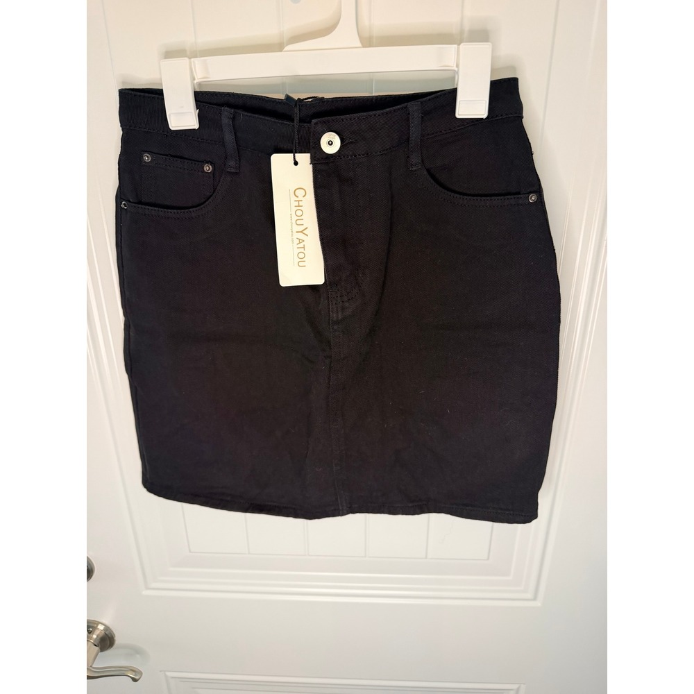 Womens Black Denim Mini Skirt High Waisted Stretch Size Medium NWT